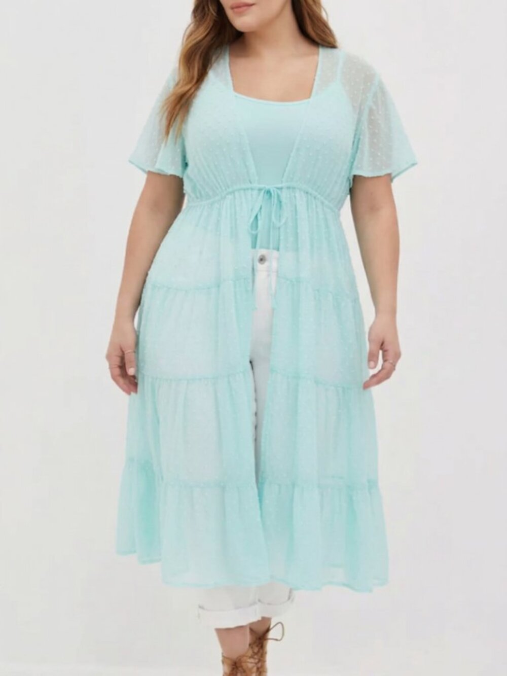 Torrid Size 2 Light Aqua Blue Swiss Dot Tiered Mesh Kimono Cardigan Coverup